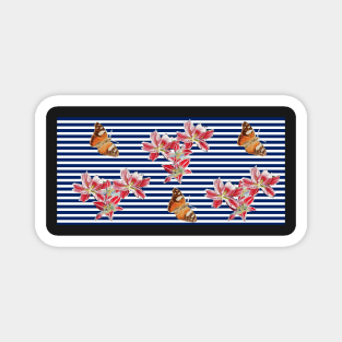 Shabby Chic Red Lillies and Butterflies Floral Pattern Blue Stripe Magnet