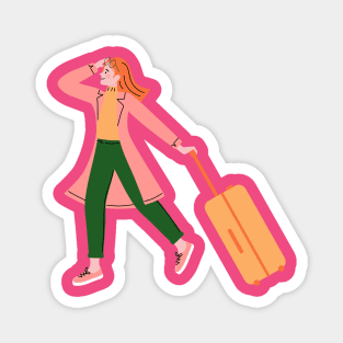 Happy Woman Solo Traveler with Luggage Magnet