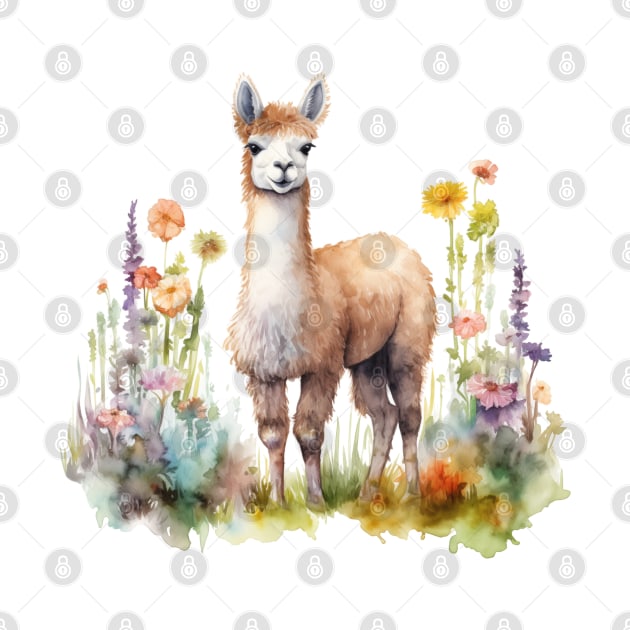 Watercolor picture of alpaca and beautiful flowers. by ToonStickerShop