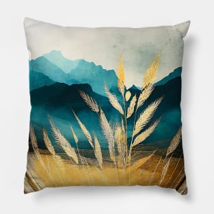Golden Wheat Fields Teal Mountains Beautiful Nature Scenery Pillow