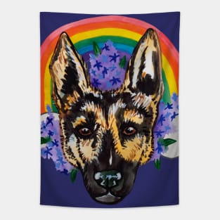 German shepherd with flowers and rainbow Tapestry