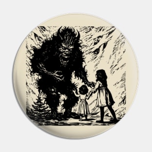 Krampus Scaring Children - Woodcut Printed Christmas Illustration Pin