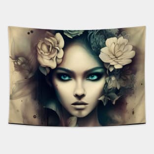 Beaux Animes Art, Beautiful Anime Girl with flowers in her hair Design Tapestry