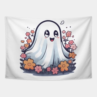 Kawaii Halloween Ghost in Floral Garden Tapestry