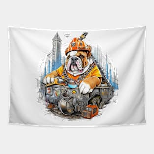 A Carpenter English Bulldog with a hard hat and safety vest, repairing a large crane at a construction Tapestry