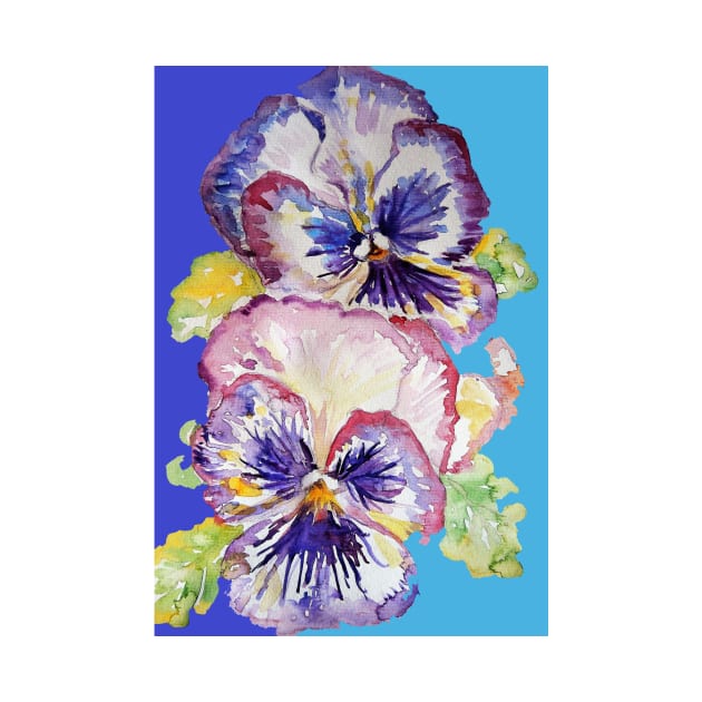 Pansy Watercolor Purple Flower Pattern on Navy and Mid Blue by SarahRajkotwala