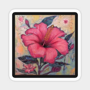 Folk Art Pink Hibiscus Flower Tile Pattern Magnet