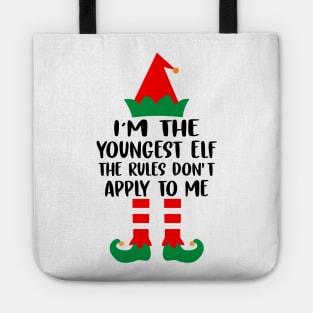 I'm the youngest ELF The rules don't apply to me Family Matching Group Christmas Costume Pajama Funny Gift Tote