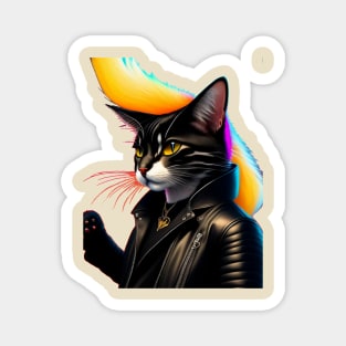 A cat wearing a leather jacket and a black jacket with a yellow tail. Magnet