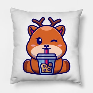 Cute deer drinking boba milk tea cartoon Pillow