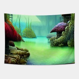 Landscape Painting with Tropical Plants and Lake, Scenery Nature Tapestry