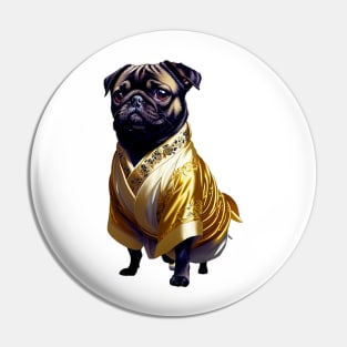 The Regal Pug: Adorned in a Golden Kimono Pin