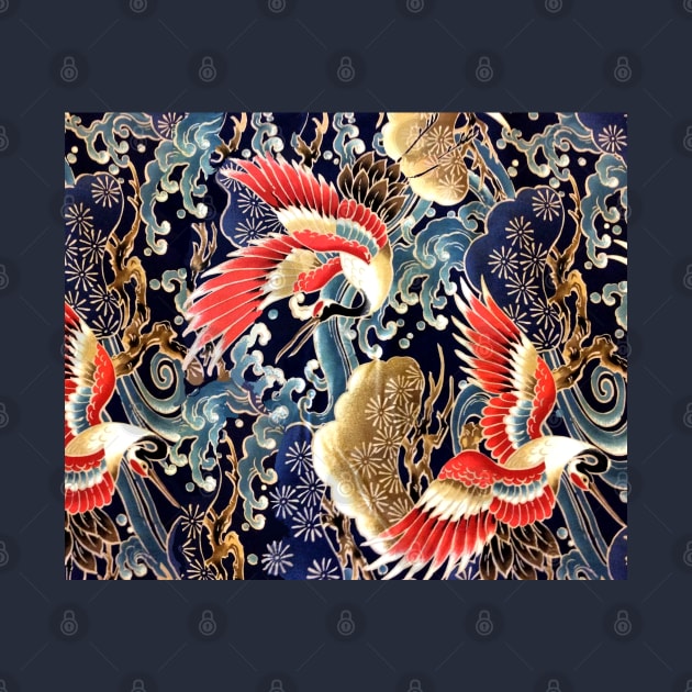 FLYING CRANES ,FLOWERS, SEA WAVES RED NAVY BLUE FLORAL by BulganLumini