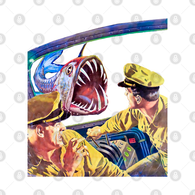 Terrifying Encounter: Two Sailors Confronted by Aquatic Monster in the Deep Ocean Depths Within Retro Vintage Submarine by REVISTANGO