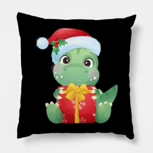 Cute Christmas Dinosaur With Santa Hat Holding A Gift Box Pillow