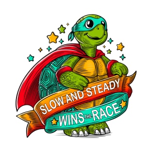 Turtle with ribbon, cape, mask, stars and motivational slogan. T-Shirt