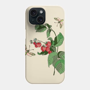 Botanical illustration: raspberry plant and butterflies Phone Case