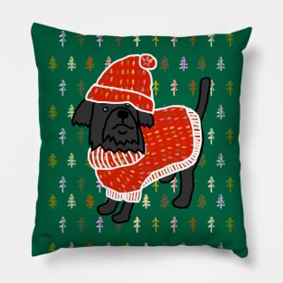 Cute Dog in Winter Christmas Tree Sweater and Red Hat Pillow