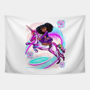 Princess for a black girls who loves unicorns pony Anime girl Natural Afro hair corn rows african American girl riding a pony unicorn Tapestry