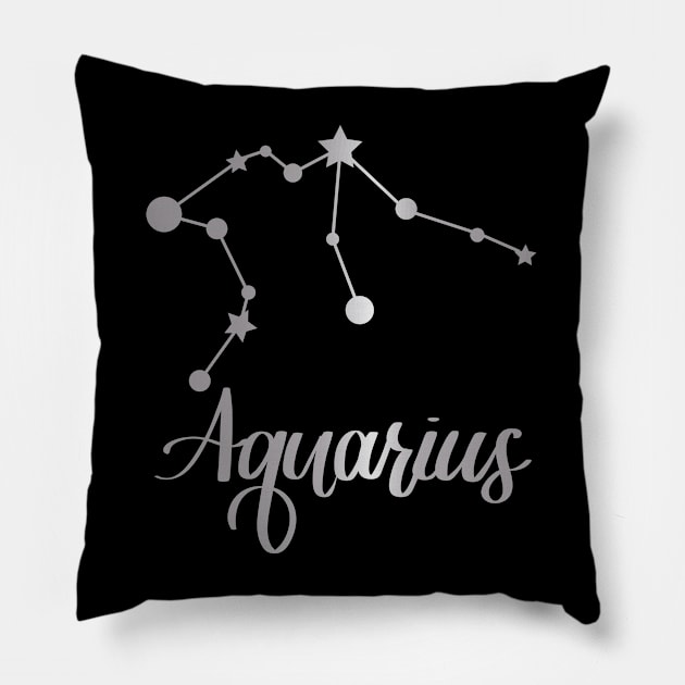 Aquarius Zodiac Constellation in Silver - Black Pillow by Kelly Gigi