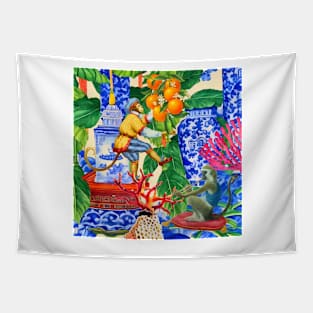 Monkey picking oranges chinoiserie watercolor Tapestry