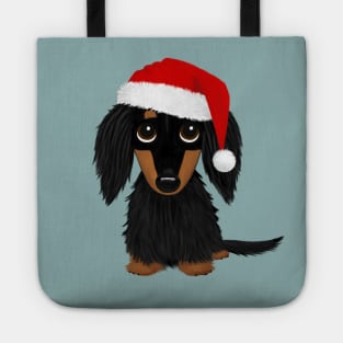 Longhaired Black and Tan Dachshund with Santa Hat Cute Christmas Dog Tote