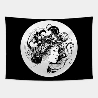 Ethereal Woman with Floral and Swirls Monochrome Illustration Tapestry