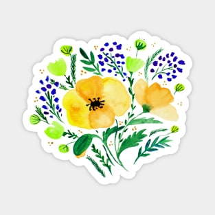 Watercolor poppies bouquet - yellow and green Magnet