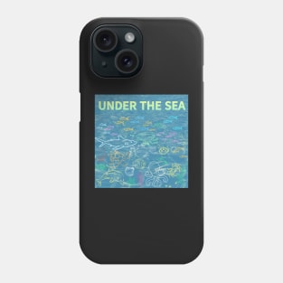 under the sea,blue sea,sea creatures,Turtle, puffer fish, starfish, shrimp, shark, tropical fish, sea horse, seaweed, sardines, squid, crabs, clams Phone Case