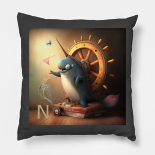 Letter N for Narwhal Navigating a ship AdventuresOfSela Pillow