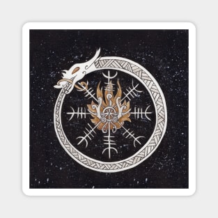 Loki Fire Aspect in the Circle of Jormungandr and the Helm of Awe. Victory and Sacrifice Symbols Magnet