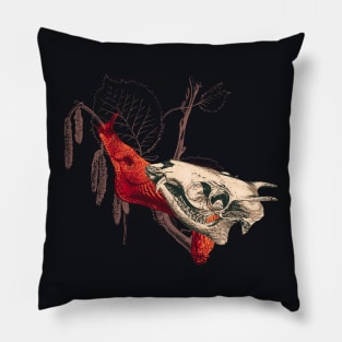 Enigmatic Escargots: Spooky Art Print Featuring Red Snail Donning Tufted Deer Skull Shell Pillow