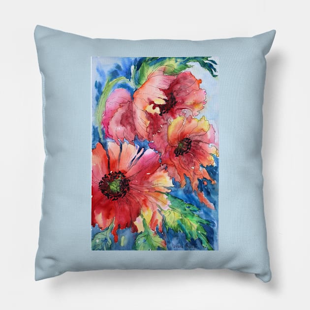 Red Poppy Flowers Watercolor Painting Pillow by SvitlanaProuty