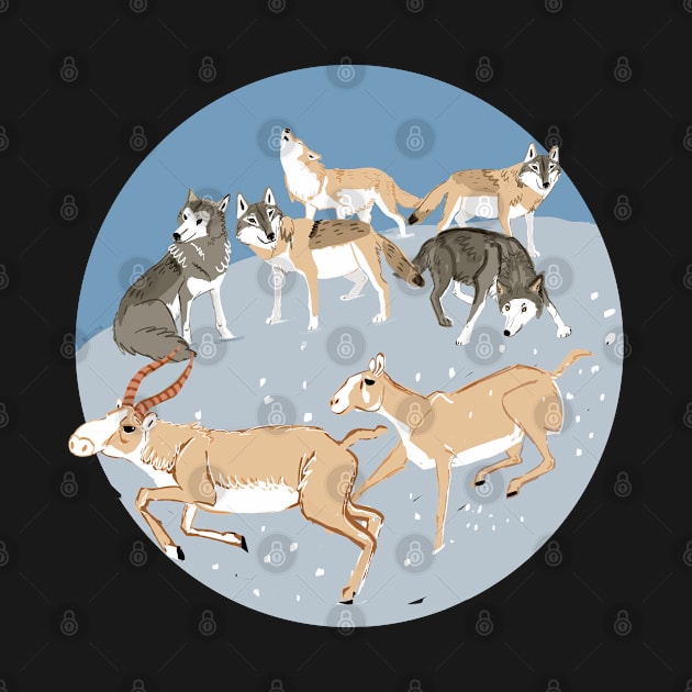 Steppe Wolves and Saiga in Winter by belettelepink