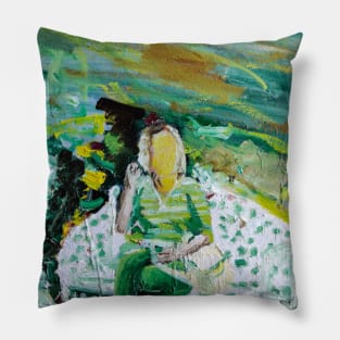 Sitting on a bench painting Pillow