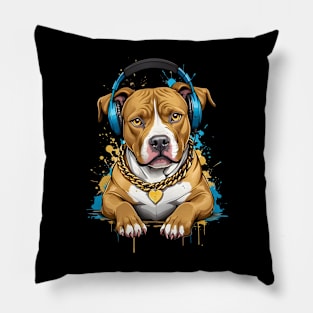 Funny Pitbull With Headphones Color Splash Design Pillow