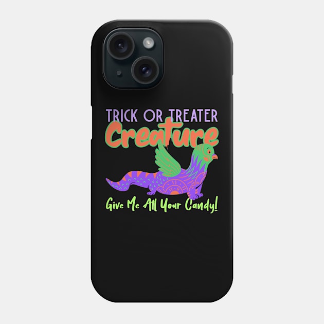 ”Trick Or Treater Creature- Give Me All Your Candy!” Colorful Creature With Wings Phone Case by Tickle Shark Designs