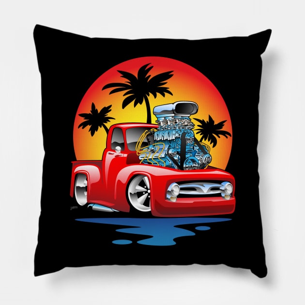 Classic American Hot Rod Pick-up Truck with Sunset Cartoon Pillow by hobrath