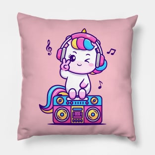 Cute Unicorn Listening Music On Boombox Cartoon Pillow