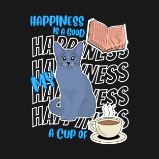 Happiness Is Russian Blue Cats Good Books Coffee Cute Cat Lover T-Shirt