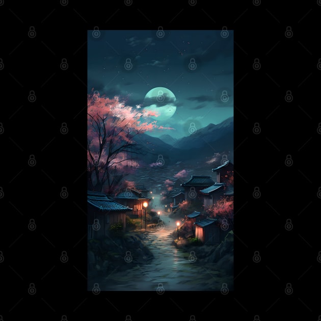 Serene Japanese Village with Cherry Blossoms under the Moonlight Painting by cocorf