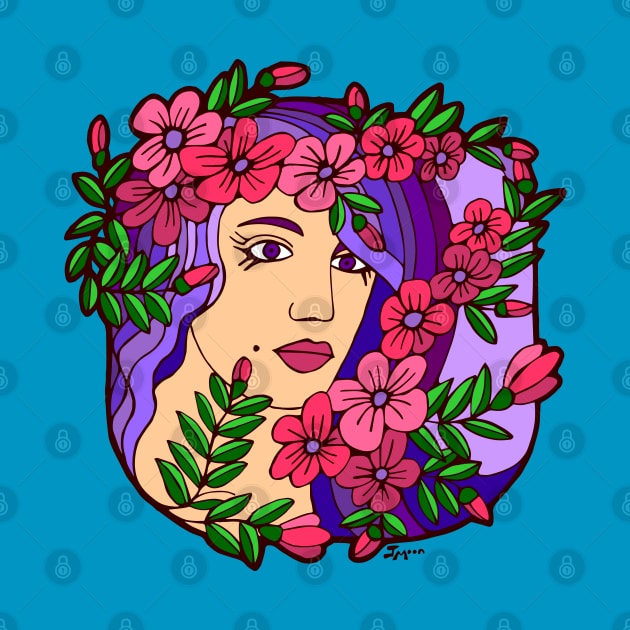 Woman with Purple Hair and a Garland of Pink Flowers by Julia Moon