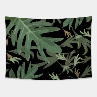 Autumn fall green greenvibes on black tropical palm leaves Tapestry