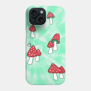 Aesthetic Red Hatted Mushrooms and Butterflies on a Green Tie Dye Background Phone Case