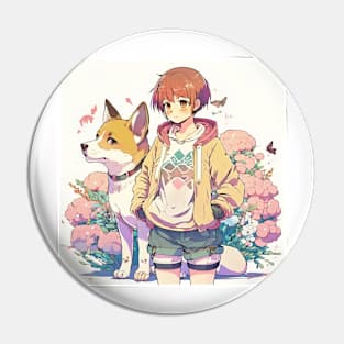 Anime Springtime: Girl and Shiba Inu Pin