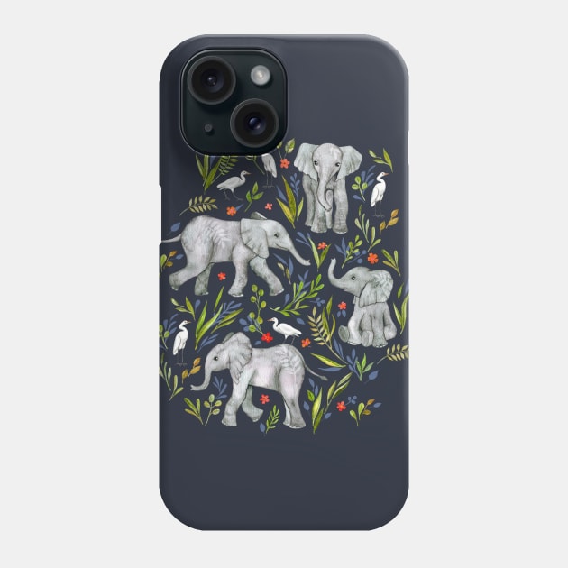 Baby Elephants and Egrets in Watercolor - navy blue Phone Case by micklyn