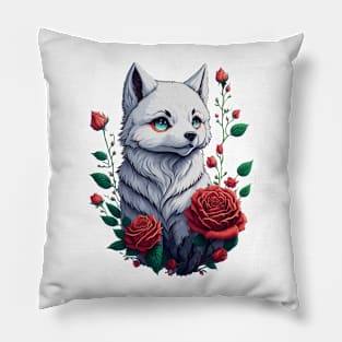 White Foxy Among the Roses Pillow