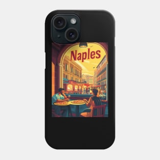 Two people savor delicious pizza at an outdoor cafe in Naples, surrounded by lively streets and beautiful buildings as the sun sets, Phone Case