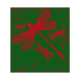 Red embroidered dragonflies on green T-Shirt