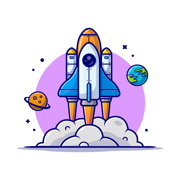 Space Shuttle Taking Off with Planet and Earth Space Cartoon Vector Icon Illustration by Catalyst Labs